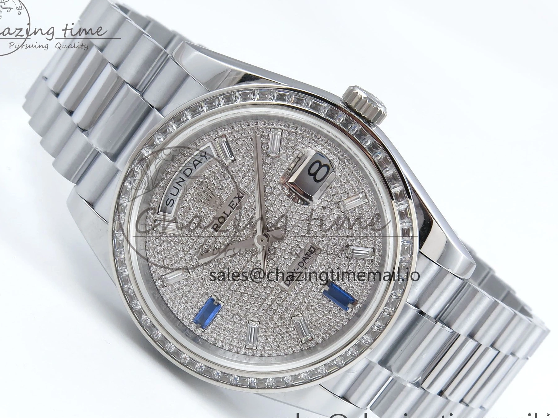SS DayDate 1:1 Best Bezel QF A2836 40 Diamonds on Weight) Bracelet V5 (Gain Blue President Dial Diamonds Edition 0504